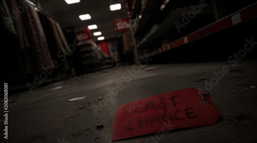 Dimly Lit Department Store Aisle with a Last Chance Tag on the Floor, Suggesting a Sale or Closure