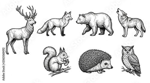 Collection of Hand Drawn Forest Animals in Sketch Style.