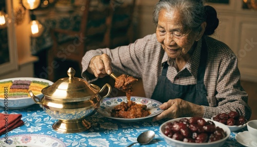 Elderly woman with a warm, smiling face serves a rich, hearty stew from a gleaming golden tureen in a cozy dining room setting.