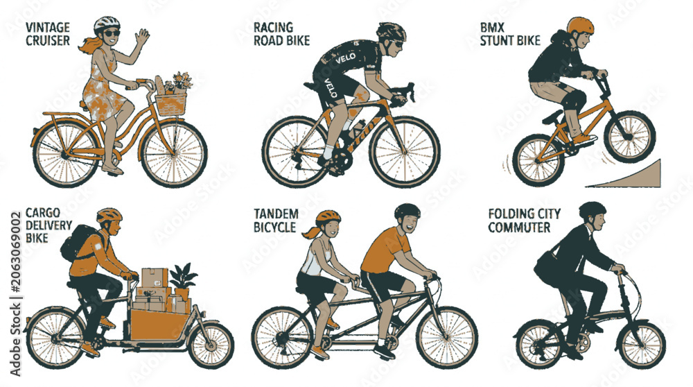 Naklejka premium Comprehensive set of various bicycle types and cyclists in flat vector style
