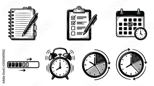 Collection of Hand Drawn Icons Representing Planning and Time Management Concepts.