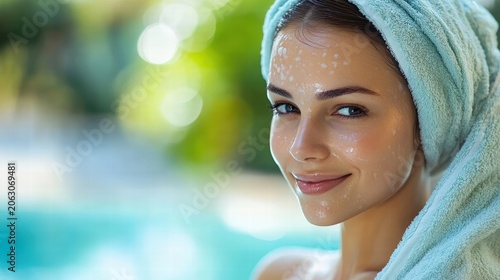 woman with towel on head fresh face after shower spa day