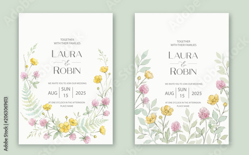 Elegant wedding invitation card template design with abstract watercolor flowers and leaves vector