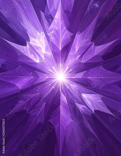 A vibrant purple explosion of light with sharp geometric shapes radiating outward