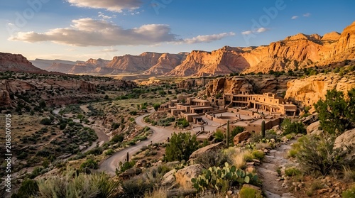 Desert landscape with ancient pueblo ruins and sandstone cliffs at sunset, Utah