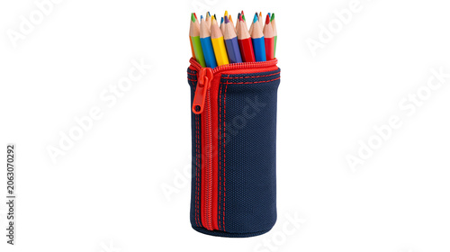 Obraz na plátne Colored pencils in navy blue pencil case with red zipper