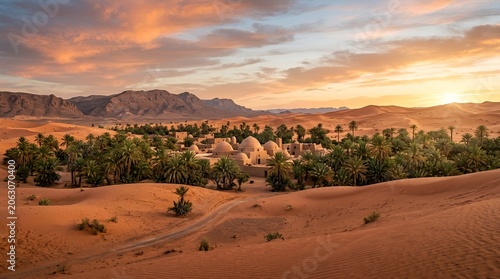Desert Oasis Village At Sunset With Palm Trees, Traditional Architecture