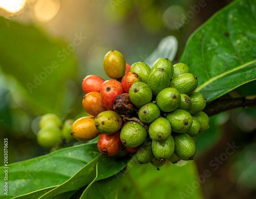 A vibrant cluster of ripening coffee cherries on a lush green branch