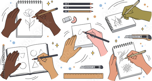 Diverse hands drawing and sketching in notebooks with pencils art creation process vector illustration set for design creativity and education concepts