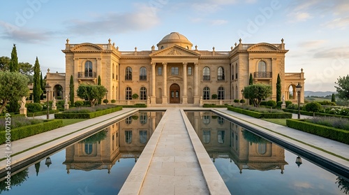 Grand Mansion Facade with Reflecting Pools and Sculpted Gardens