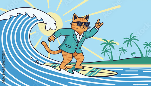 Εκτύπωση καμβά Cool orange tabby cat wearing sunglasses and a stylish suit jacket catches a huge wave while surfing at the beach