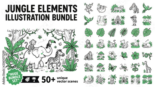 Canvas Print Jungle Elements Illustration Bundle Hand Drawn Vector Set