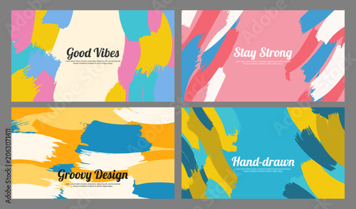 Vector illustration. Bright smears background. Paint brush strokes border. Trendy abstract color design for horizontal web banner, presentation, panoramic wallpaper. Colorful rainbow childish style