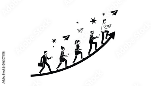 Принти на полотні Team of ambitious business professionals climbs up a large rising arrow towards paper airplanes and golden stars
