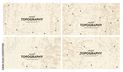 Vector illustration. Abstract vintage horizontal topographic map background with contour lines and pin marks. Minimalist geographic terrain pattern for retro web design, advertising or presentation