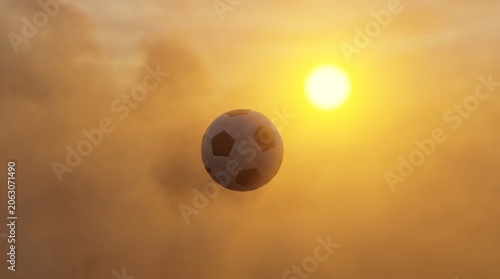 Flying Soccer Ball Against a Golden Sun