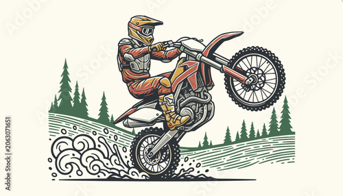 Принти на полотні Energetic motocross rider performs a wheelie on a dirt bike through a scenic pine forest trail at high speed