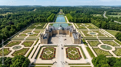 Grand Estate Aerial View: Palace, Formal Gardens, Water Features, Forest