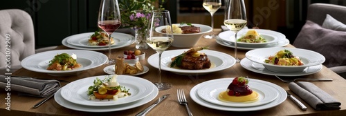 Stylish Swiss home kitchen featuring a wooden table laden with carefully arranged multi-course dishes.