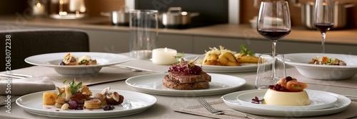 Cozy European kitchen displaying a full menu of gourmet dishes on assorted plates and serving ware.