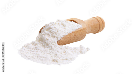 Fotografi Wooden scoop filled with white flour powder spilling onto surface