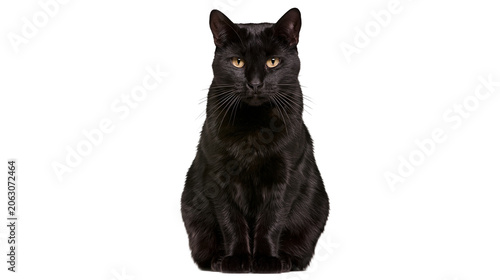 Canvas Print Black cat with yellow eyes sitting and looking forward