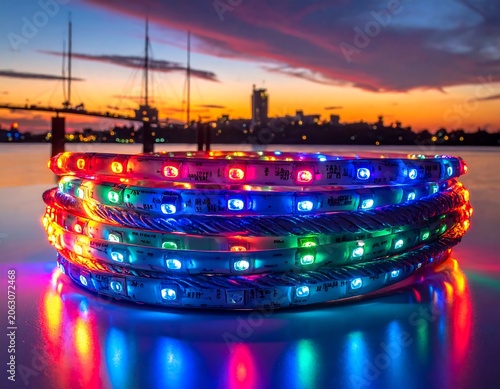 A vibrant coil of colorful LED lights on a reflective surface with a cityscape and sunset in the background