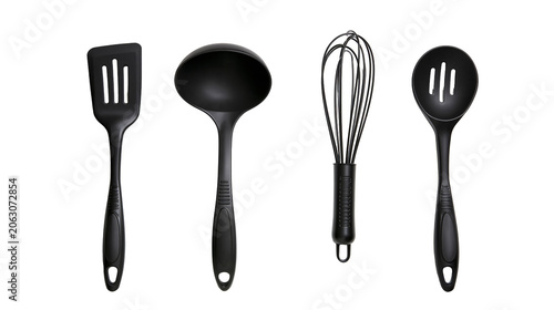 Billede på lærred Black kitchen utensils slotted spatula ladle whisk, slotted spoon