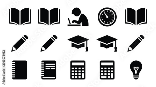 Set of 15 Black Education Icons Vector