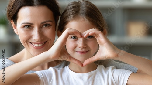 A joyful mother and her sweet daughter pose together, forming a heart shape with their hands, celebrating love, family bonds, and happy moments at home