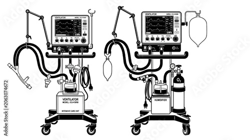 Medical ventilators with monitors and accessories.