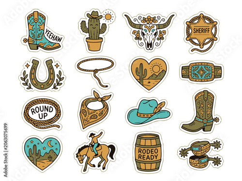 Vibrant Wild West Cartoon Stickers Collection for Rustic Designs