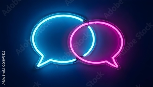 Bright neon chat bubbles in blue and pink glowing against a dark background