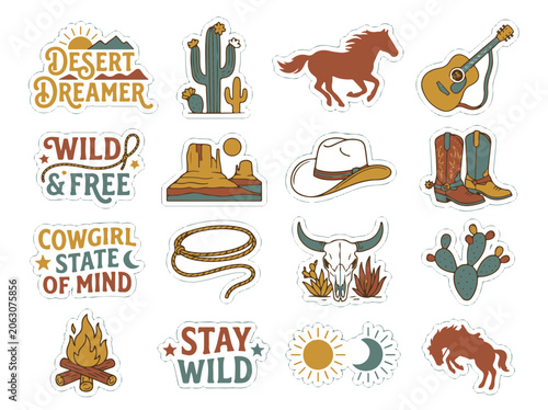 Western Desert Lifestyle Sticker Collection for Design Projects Featuring Cowboy Culture and Nature