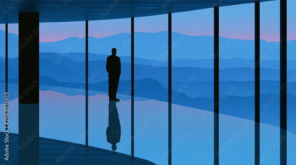 Fototapeta premium Silhouette of a man standing in a modern building with large windows, looking out at a serene blue mountain landscape at dawn or dusk, reflecting on the polished floor