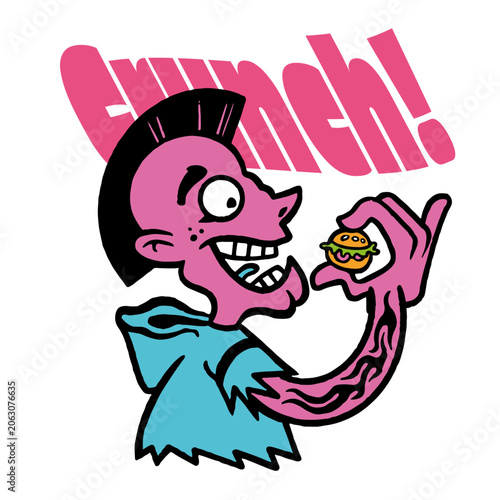 Playful cartoon character munching a burger