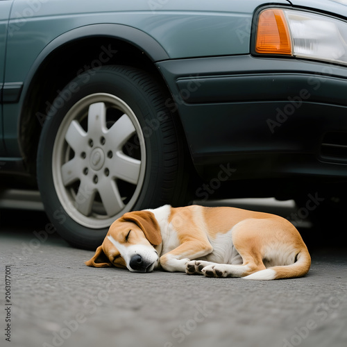 Sleeping dog resting under parked car on asphalt pavement  