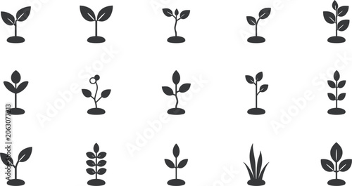 Konstfotografi Plant Sprout and Seedling Silhouette Icon Set with Growing Leaves Stems and Gras