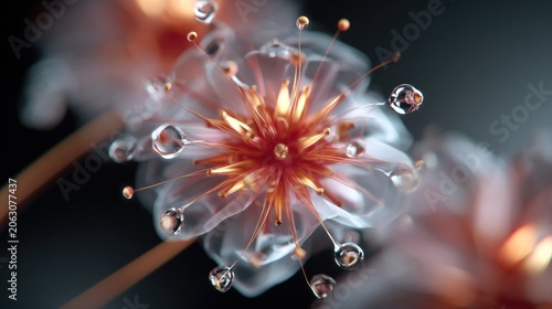 Abstract Floral Art with Dewdrops: A surreal, abstract depiction of a flower adorned with glistening dewdrops, its delicate petals radiating an ethereal glow.