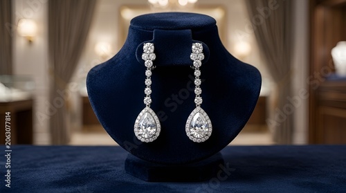 Elegant Diamond Drop Earrings on Display Bust