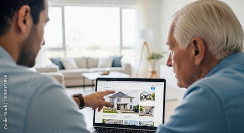 Two men looking at house on laptop.