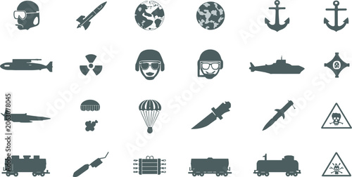 Konstfotografi Military and Naval Warfare Icon Set with Submarines Rockets Anchors Soldiers and