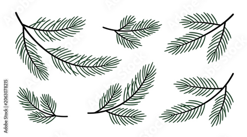 Bilde på lerret Hand Drawn Pine Tree Branches and Fir Needle Foliage Illustration Set for Winter