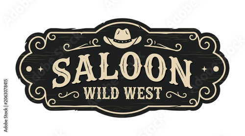 Tableau sur toile Vintage Western Saloon Signage Featuring Decorative Typography and Cowboy Hat Ic