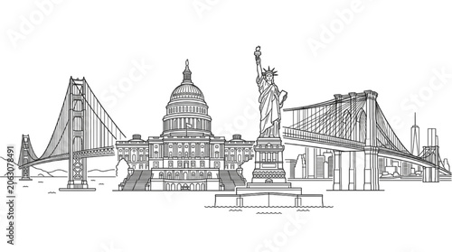 Cuadro en lienzo Hand Drawn Illustrative Outline Depicting Iconic North American Architectural La