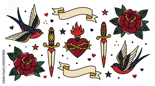 Bild auf Leinwand Traditional Old School Tattoo Design Elements Set featuring Roses, Swallows, Dag