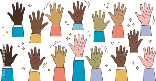 Diverse multicultural multiethnic hands raised up in the air celebrating community unity volunteer teamwork inclusion and corporate democracy flat vector illustration set