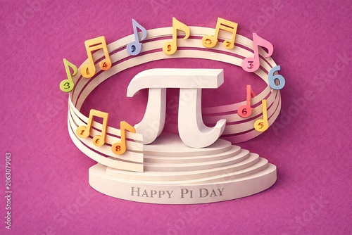 Pi symbol resting on steps with musical notes in vibrant setting