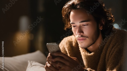 Man Using Smartphone in Dim Light: A young man with long hair gazes intently at his smartphone screen, illuminated by the soft glow of the device in a dimly lit room.
