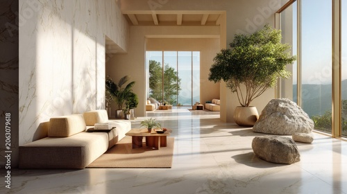Serene Minimalist Spa Lounge: Natural light floods a minimalist spa lounge, highlighting beige sofas, marble floors, and lush indoor plants.